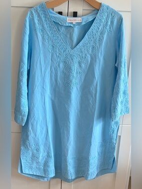 PRANELLA LARGE BEACH COVERUP, DRESS BLUE W/ EMBROIDERED DETAILS GORGEOUS!